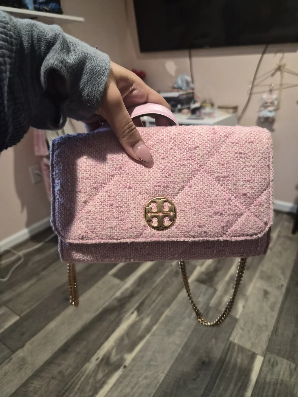 Tory Burch Pink Quilted Tweed Crossbody Bag with Gold Logo